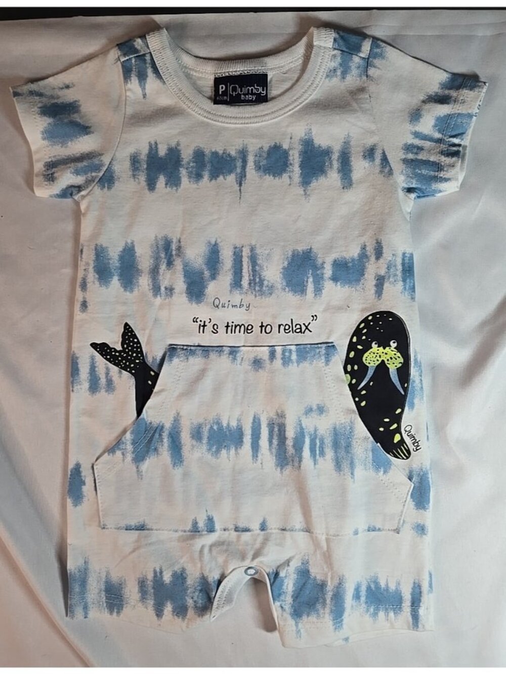 Quimby Baby Romper Blue/White Tie Dye with Walrus Size S